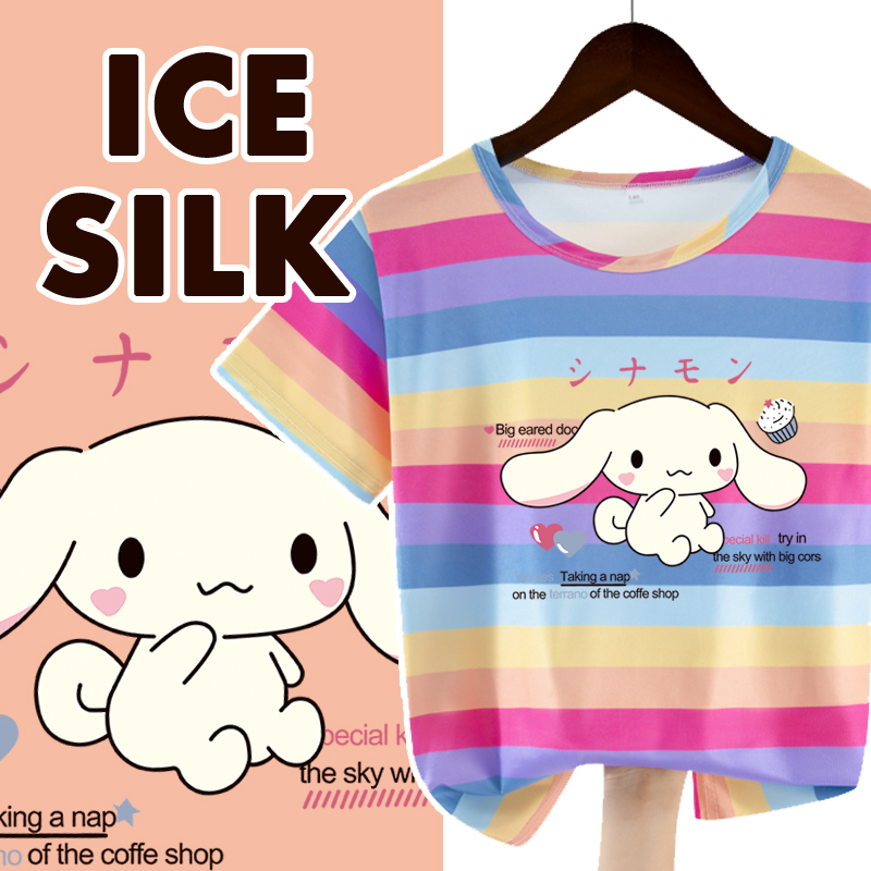 Girl Cartoon Rainbow Print Ice Silk T-shirts