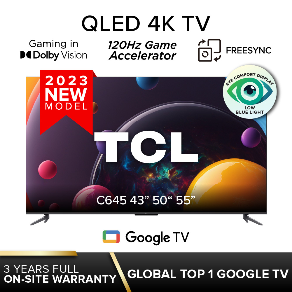 New | C645 QLED 4K UHD Google TV Android TV | 43 50 55 inch | Wide Color Gamut | Onkyo | 120Hz | Free Sync | Gaming TV