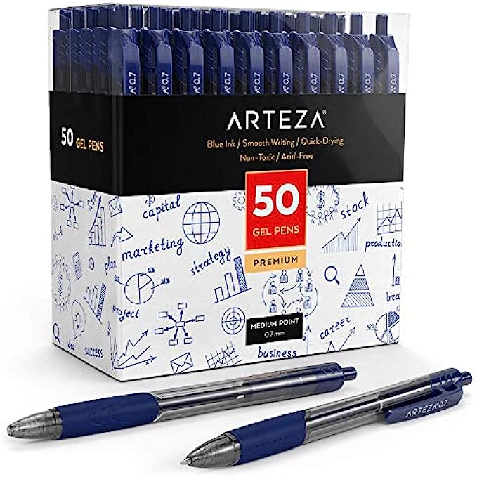 Arteza Gel Pens, Set of 50 Blue Roller Ball Bullet Journal Pens, Quick-Drying Ink, Fine Point, Office Supplies for Writing, Taking Notes &amp; Sketching